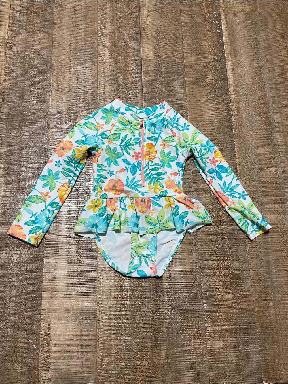 Little Me Toddler Kids Floral Long-Sleeve One-Piece Swimsuit - White/Turquoise